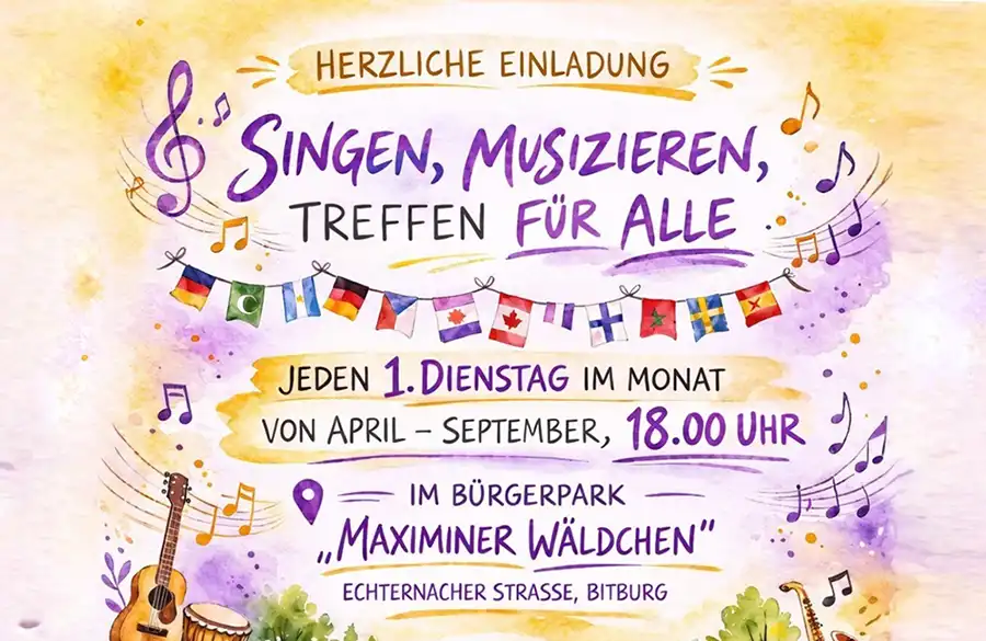 Jeden 1. Dienstag im Monat, von April bis September, 18:00 Uhr im Bürgerpark „Maximiner Wäldchen“ Echternacher Straße, Bitburg