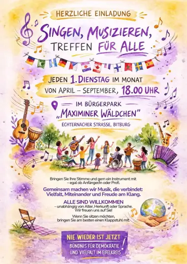 Jeden 1. Dienstag im Monat, von April bis September, 18:00 Uhr im Bürgerpark „Maximiner Wäldchen“ Echternacher Straße, Bitburg