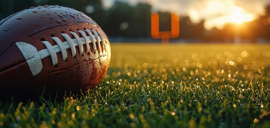 American Football on Grass Near End Zone Close-Up, White Laces Black Stripes with Soft Bokeh and Field Goal