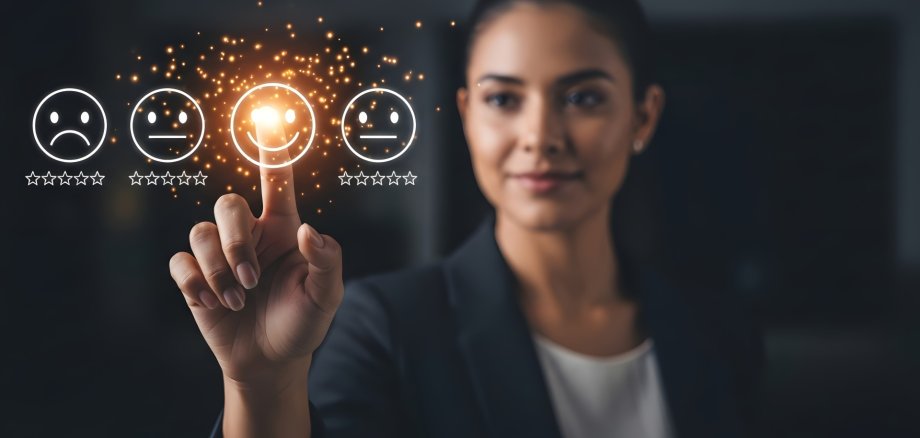 Woman giving positive feedback rating online review customer experience satisfaction survey happy face