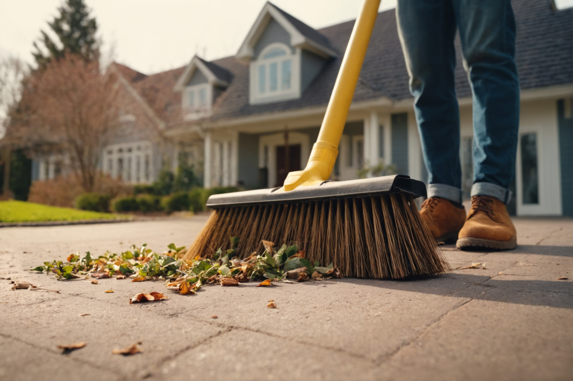 A person with a broom cleaning the driveway of a house. Cleaning leaves and trash from a yard, street or road. Cleaning service, spring cleaning or fall cleaning banner or poster with copy space.