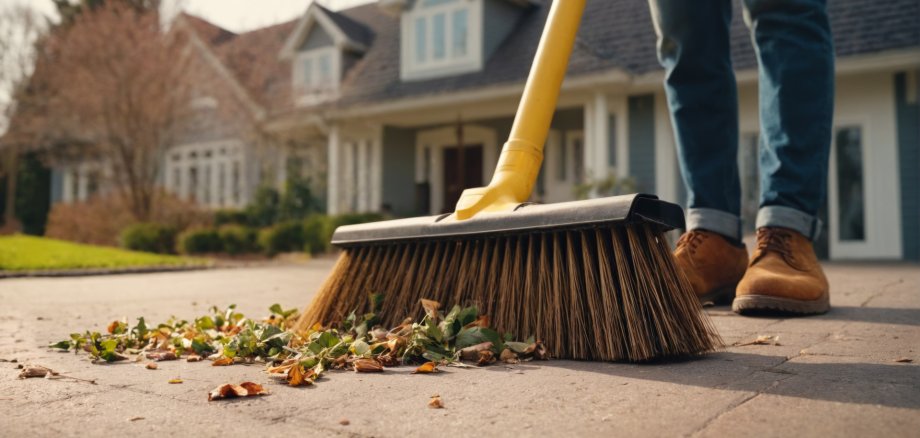A person with a broom cleaning the driveway of a house. Cleaning leaves and trash from a yard, street or road. Cleaning service, spring cleaning or fall cleaning banner or poster with copy space.