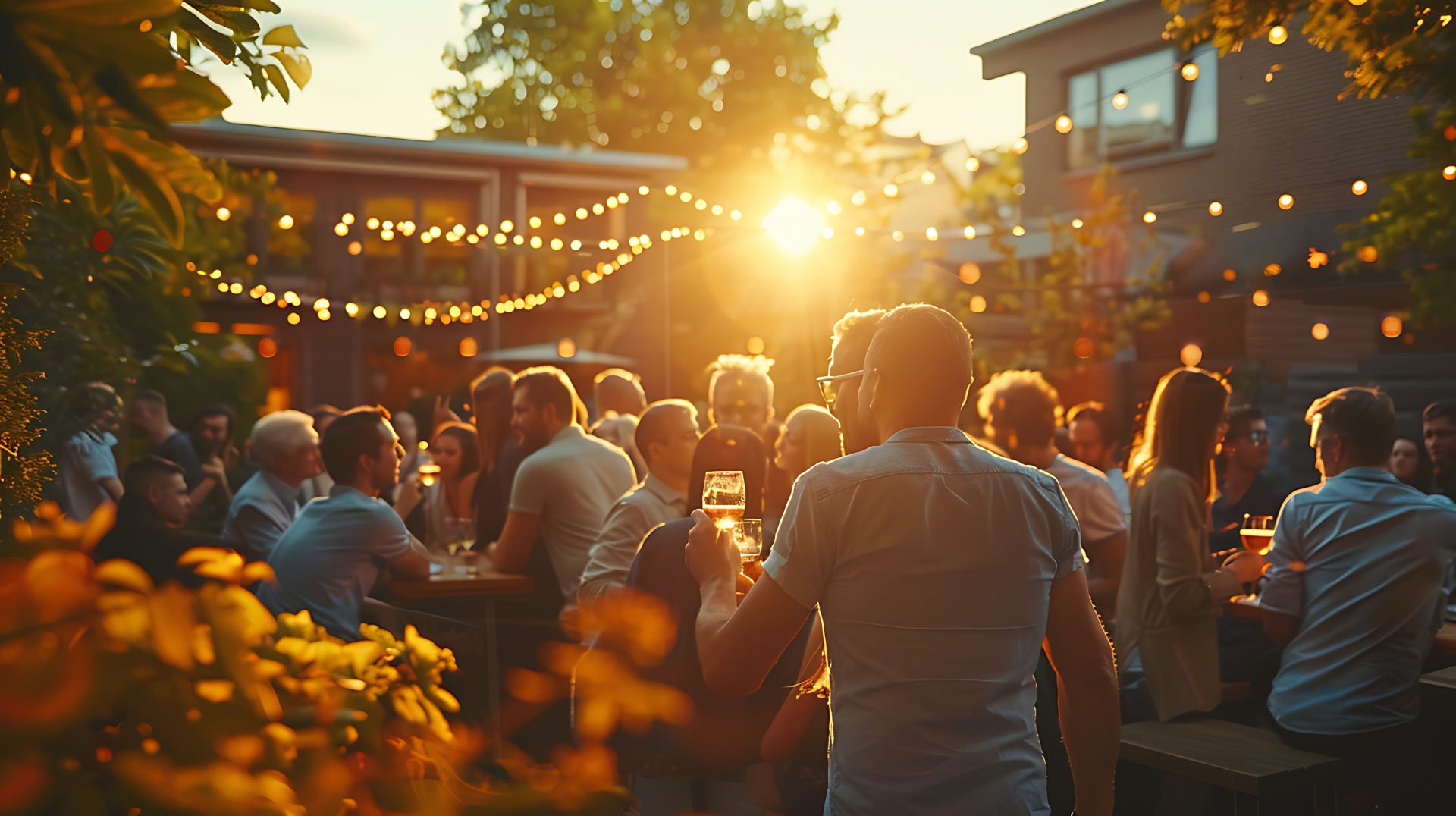 A group of people enjoy a social evening at an outdoor venue with festive lights as the sun sets.