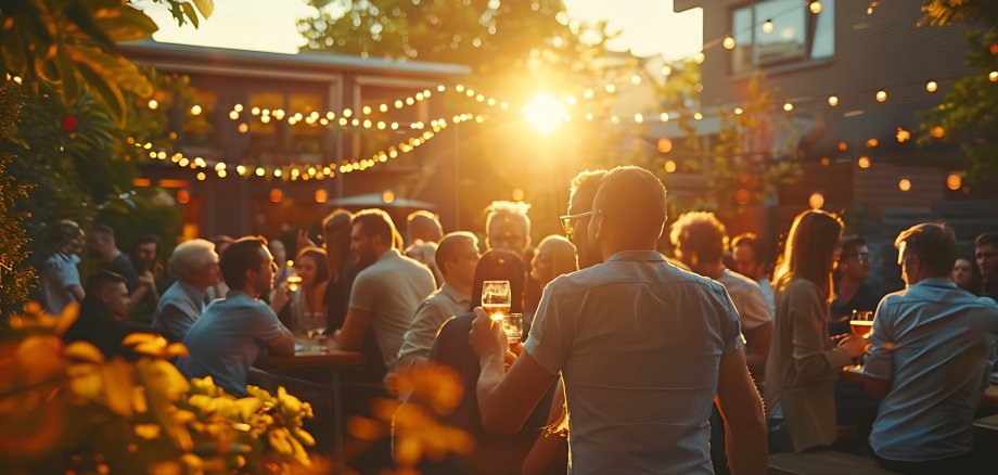 A group of people enjoy a social evening at an outdoor venue with festive lights as the sun sets. A group of people enjoy a social evening at an outdoor venue with festive lights as the sun sets.