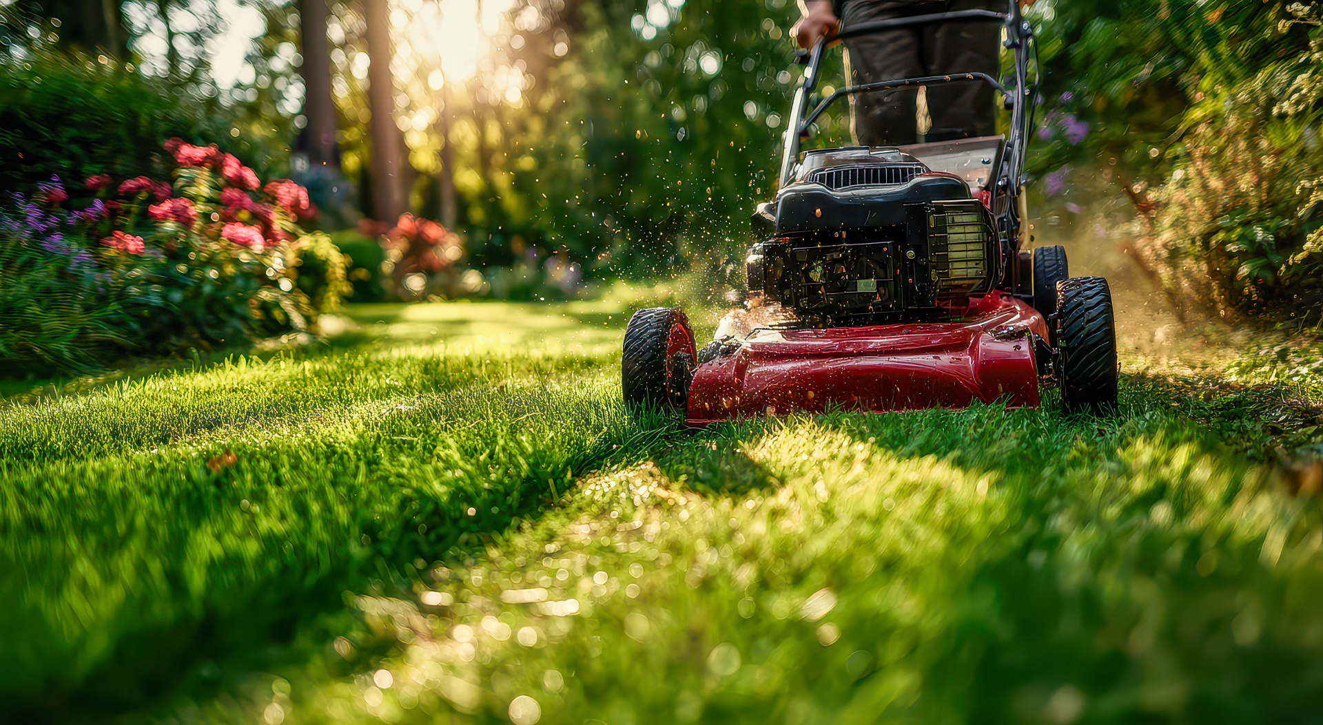 Sunny summer afternoon spent mowing a lush green lawn in a vibrant garden filled with colorful flowers