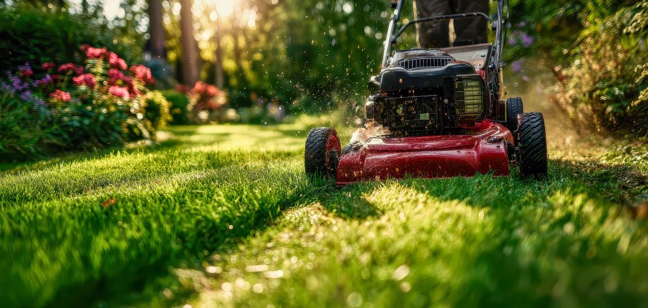 Sunny summer afternoon spent mowing a lush green lawn in a vibrant garden filled with colorful flowers Sunny summer afternoon spent mowing a lush green lawn in a vibrant garden filled with colorful flowers