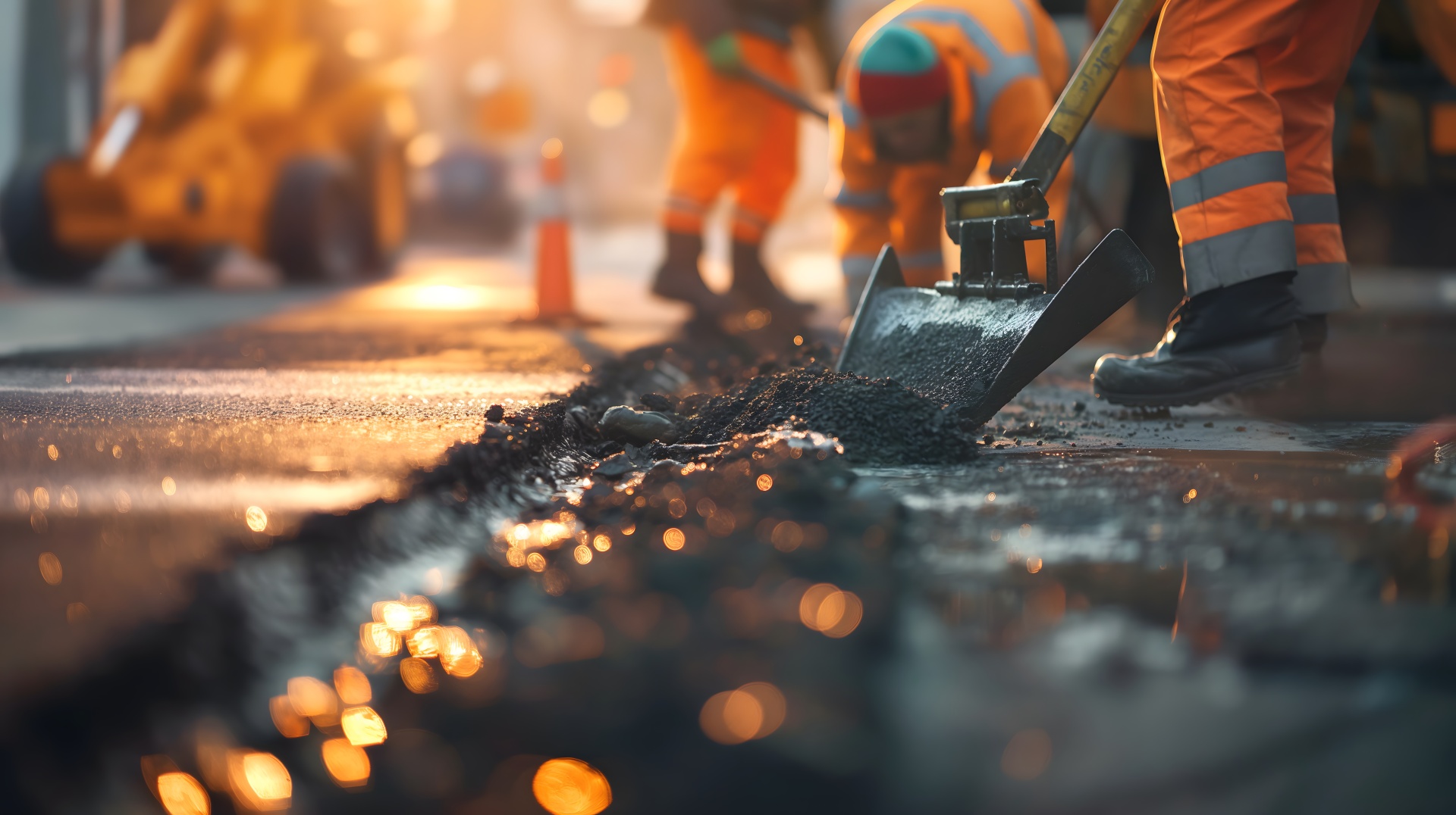 Straßenarbeiter teeren eine Autobahn, Bauarbeiter bauen eine Straße, Konzept Ausbau der Infrastruktur