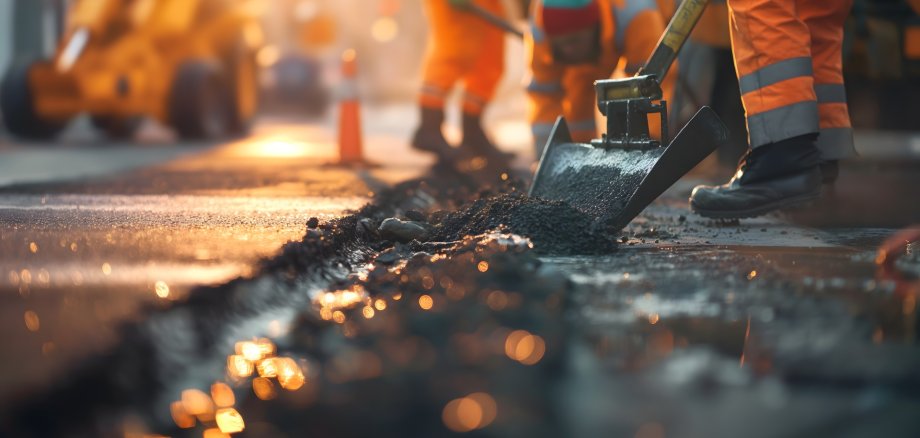 Straßenarbeiter teeren eine Autobahn, Bauarbeiter bauen eine Straße, Konzept Ausbau der Infrastruktur
