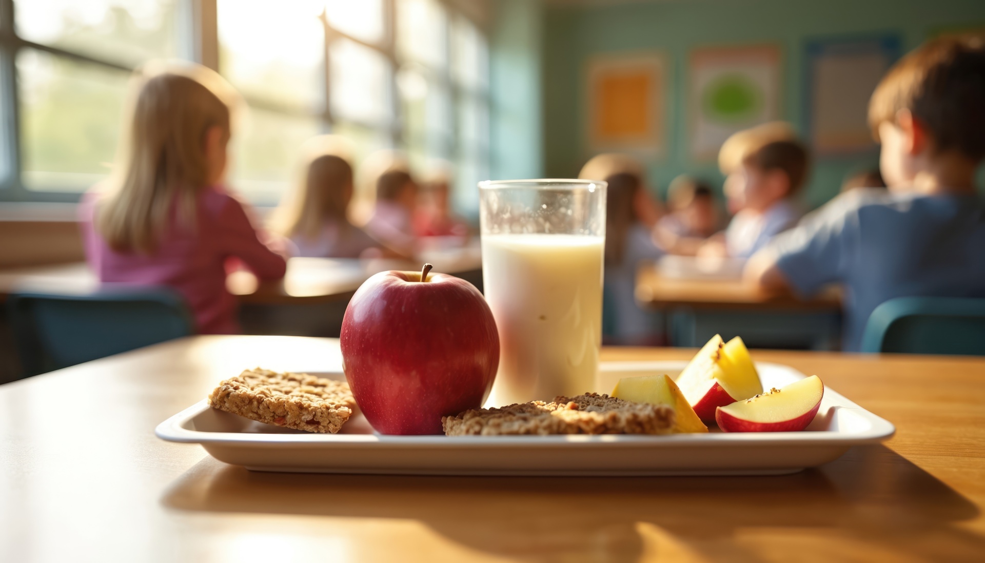 Children eat healthy lunch with milk apple granola bar in school cafeteria. Young kids eating midday break, food tray on wooden table. Students nourishment, education.