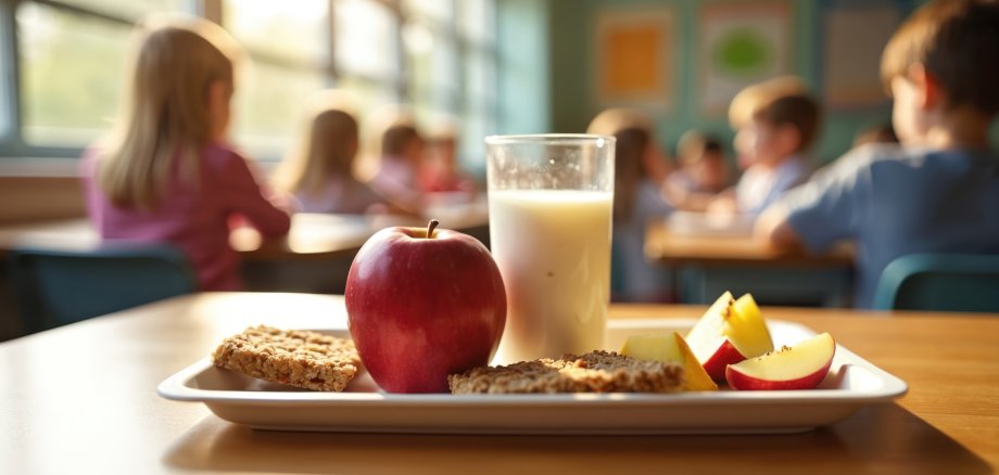 Children eat healthy lunch with milk apple granola bar in school cafeteria. Young kids eating midday break, food tray on wooden table. Students nourishment, education. Children eat healthy lunch with milk apple granola bar in school cafeteria. Young kids eating midday break, food tray on wooden table. Students nourishment, education.