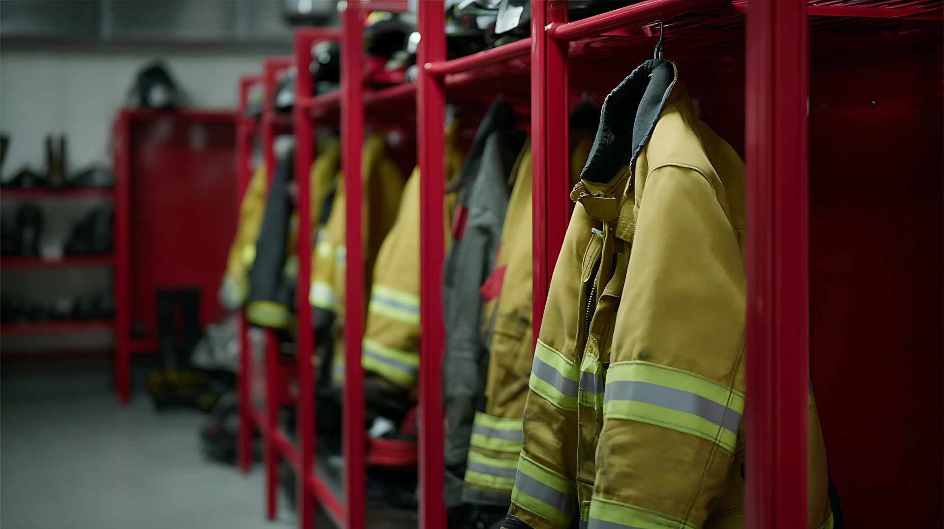 Row of Professional Protective Gear Hanging Neatly in Storage Lockers, Ready for Emergency Response and Safety Operations