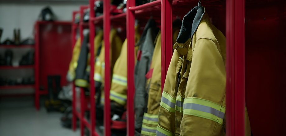 Row of Professional Protective Gear Hanging Neatly in Storage Lockers, Ready for Emergency Response and Safety Operations