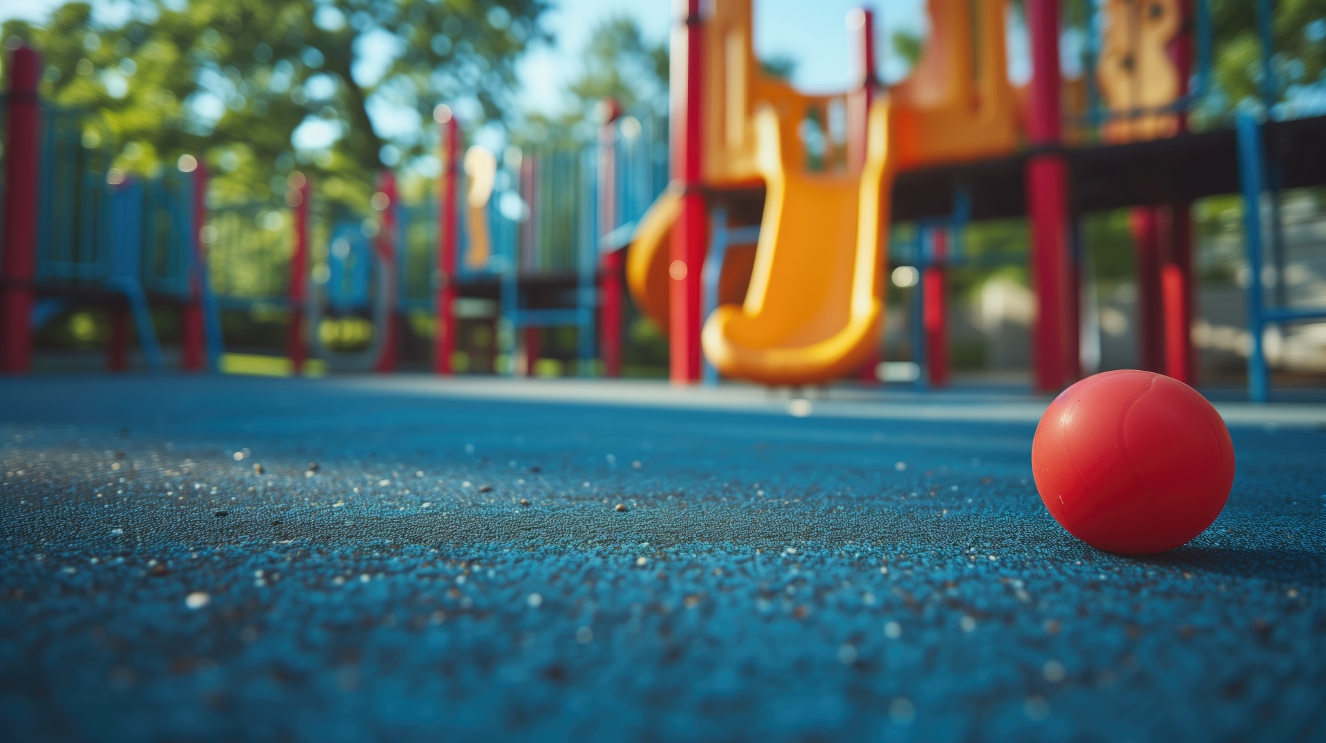 A red ball on a blue playground surface with play equipment