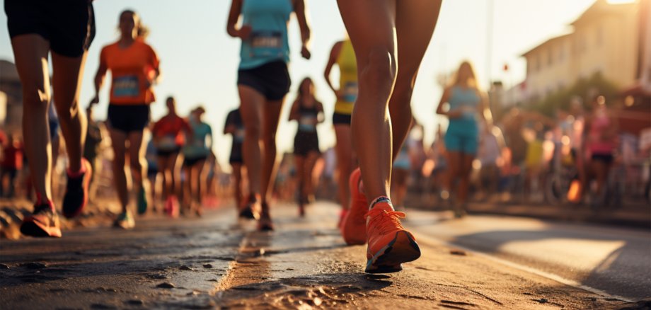 Marathon Beine auf Straße von vielen Teilnehmern (Durch AI generiert)