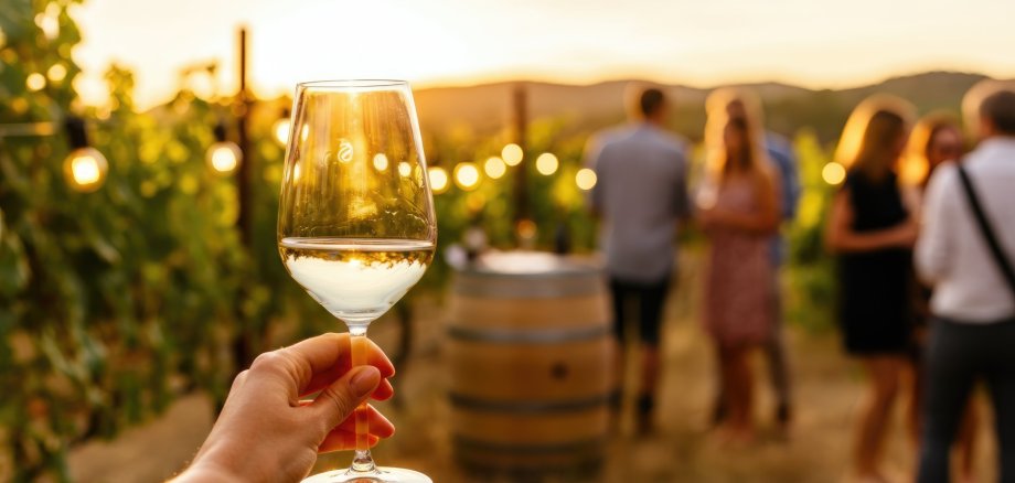 Outdoor vineyard party at sunset with people socializing and holding wine glasses Outdoor vineyard party at sunset with people socializing and holding wine glasses