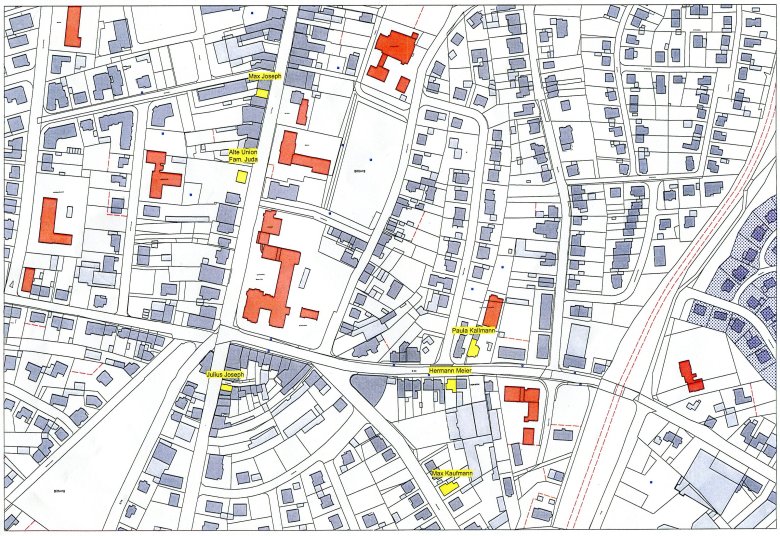 Stadtplan Süd mit eingezeichneten Häusern jüdischer Familien Stadtplan Süd mit eingezeichneten Häusern jüdischer Familien