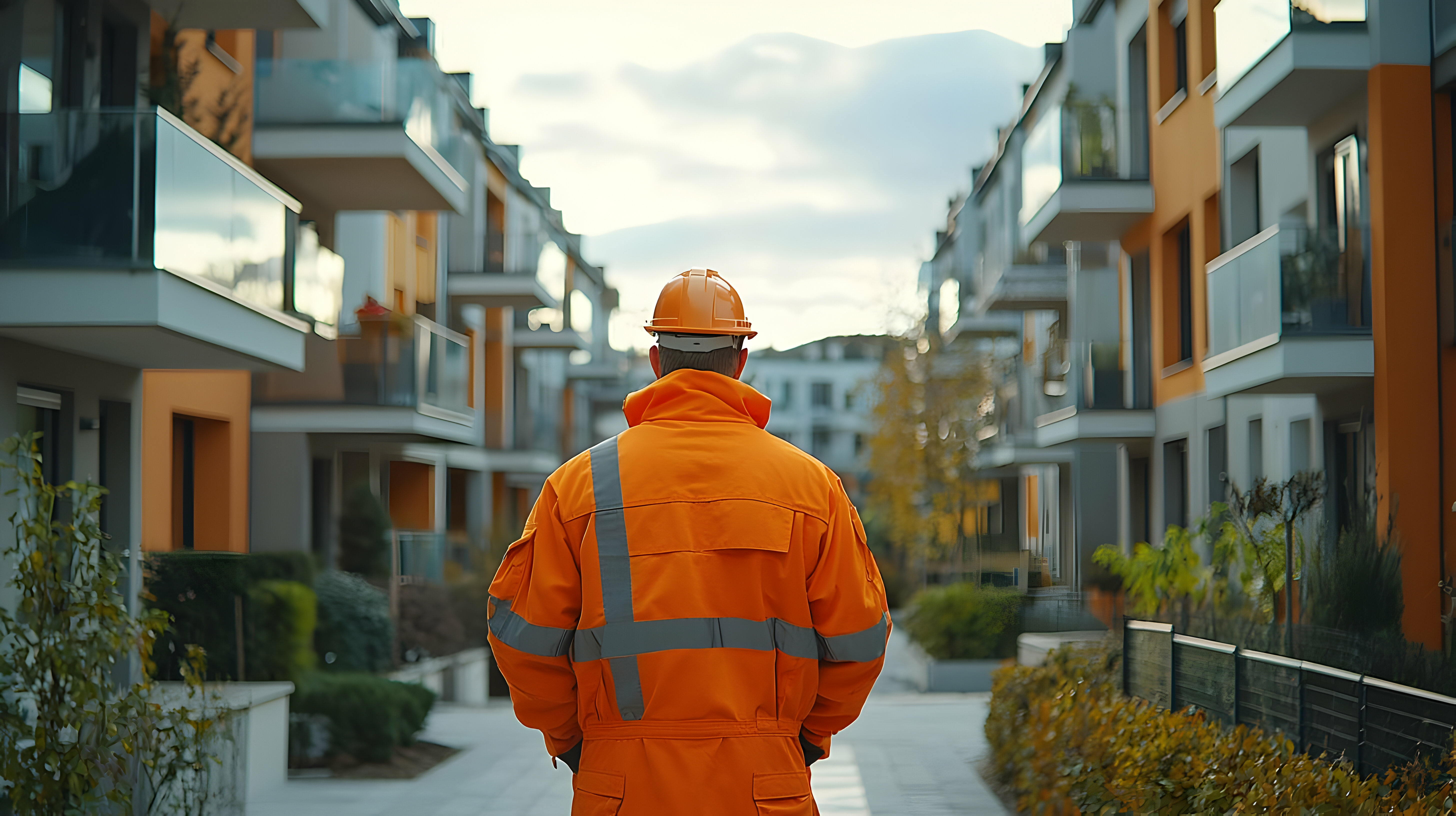 Worker Surveys New Apartment Complex, Modern Building Project Inspection
