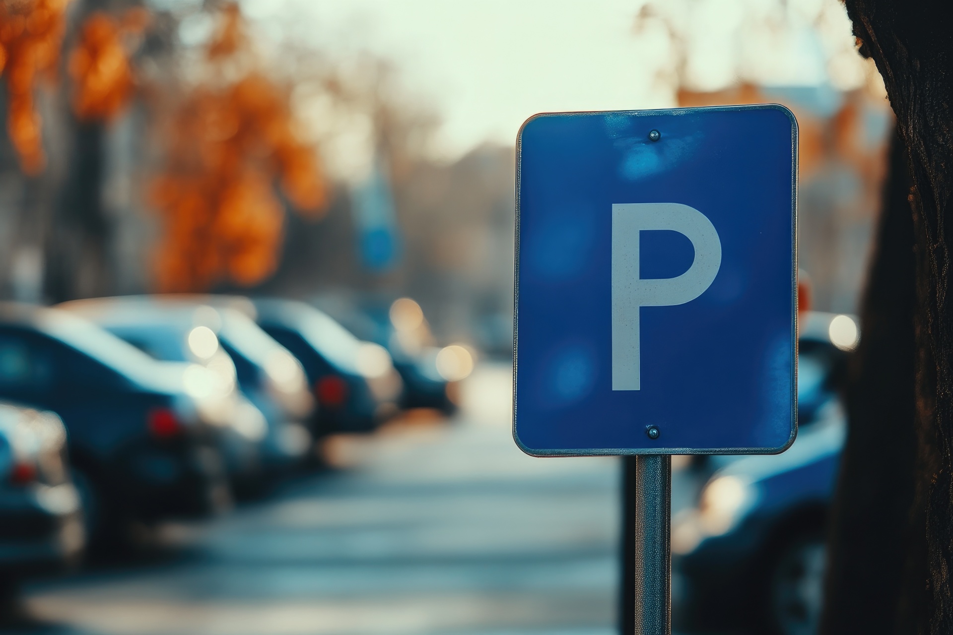 Cars in motion behind blue parking sign