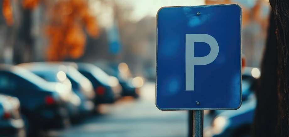 Cars in motion behind blue parking sign Cars in motion behind blue parking sign