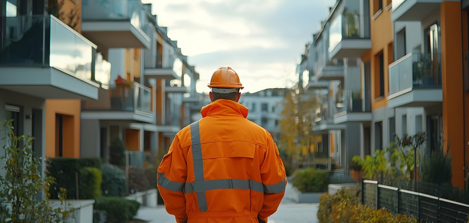 Worker Surveys New Apartment Complex, Modern Building Project Inspection Worker Surveys New Apartment Complex, Modern Building Project Inspection