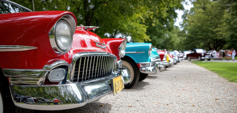 Classic vintage cars lined up at car show, showcasing vibrant colors and chrome details