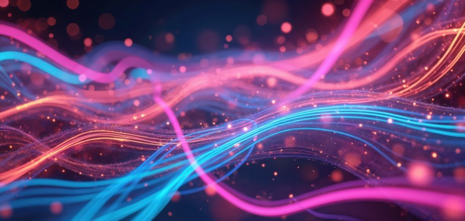 Colorful abstract 3D AI design featuring optic fiber electrical cables, wires and neon waves. Glowing lines form background pattern, streams information optical connection for internet web.