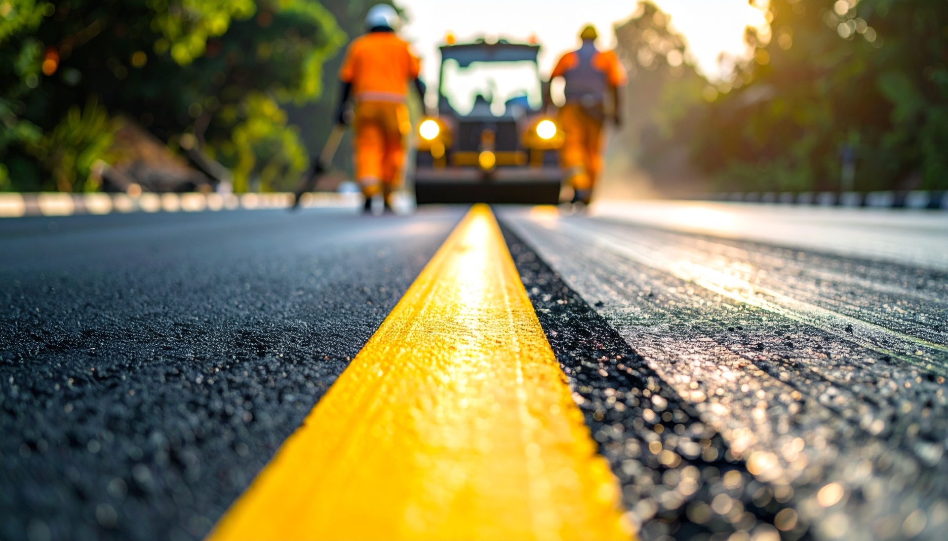 Asphalt Paving and Road Construction Crew, Applying Fresh Asphalt on Rural Highway