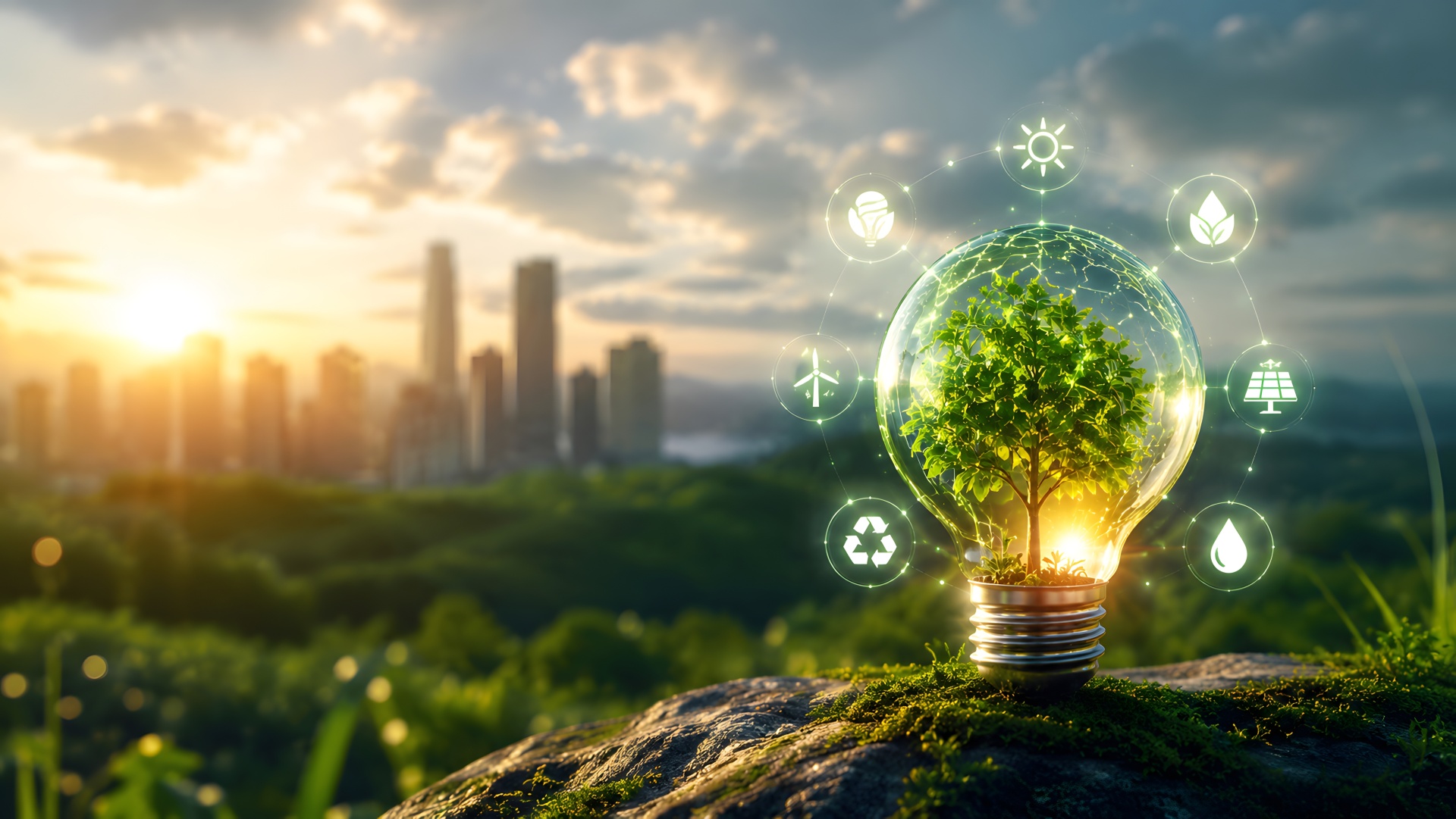 Growing tree inside a lightbulb on a mossy rock with digital eco icons and city landscape background symbolizing green energy and sustainable innovation.