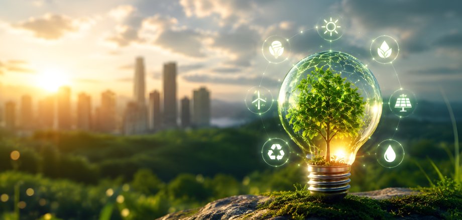 Growing tree inside a lightbulb on a mossy rock with digital eco icons and city landscape background symbolizing green energy and sustainable innovation. Growing tree inside a lightbulb on a mossy rock with digital eco icons and city landscape background symbolizing green energy and sustainable innovation.