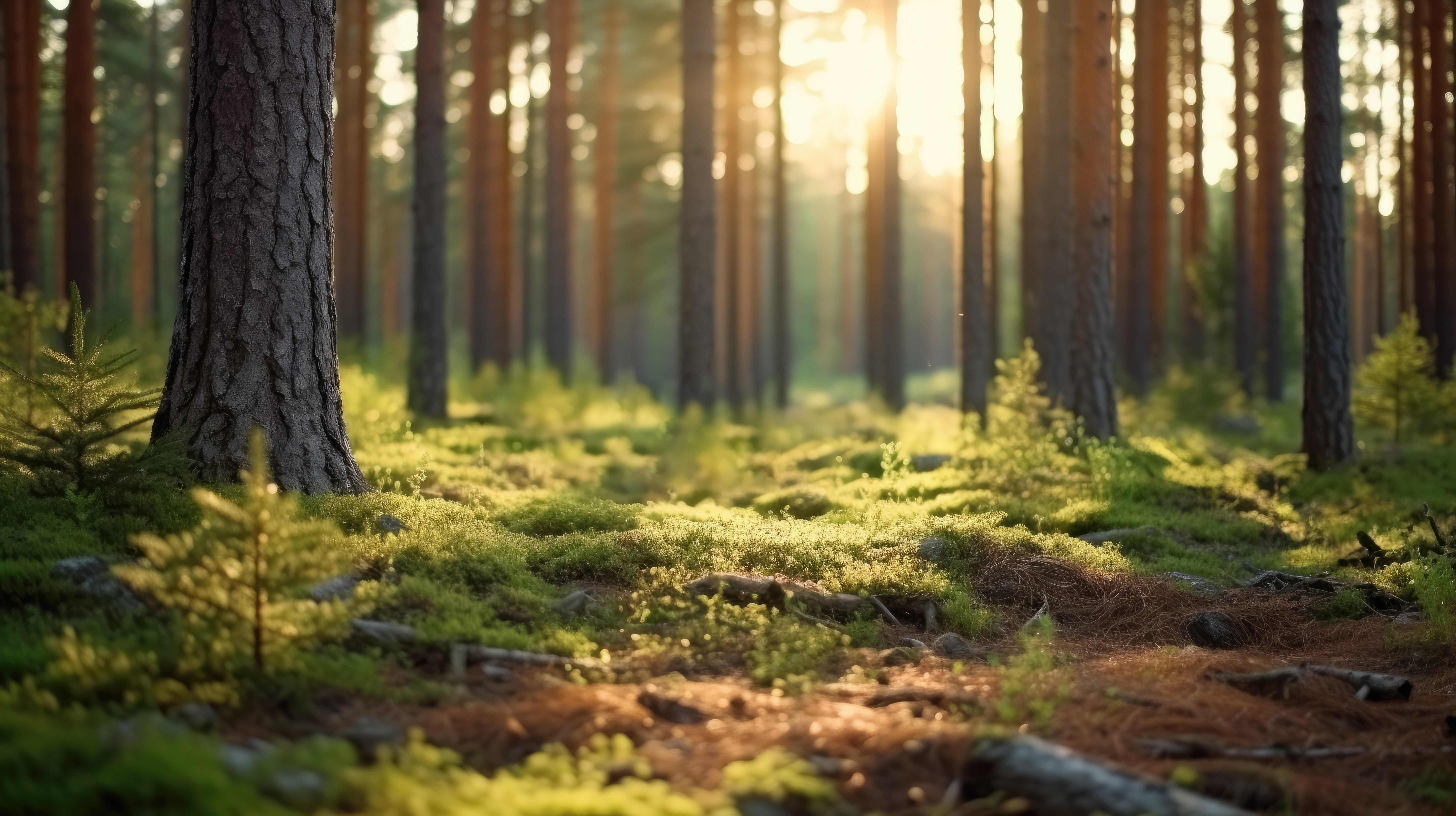 Nordic pine forest in the evening light. Short depth-of-field.