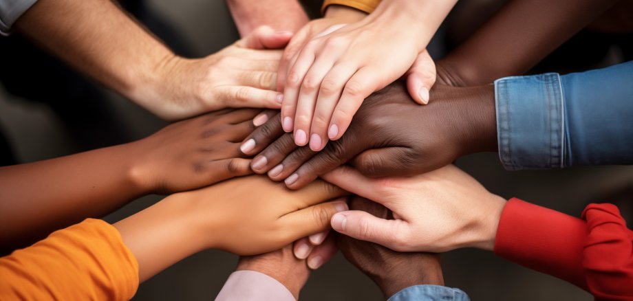 close-up photo of diverse hands joined together, symbolizing unity and inclusivity, multiracial friendship