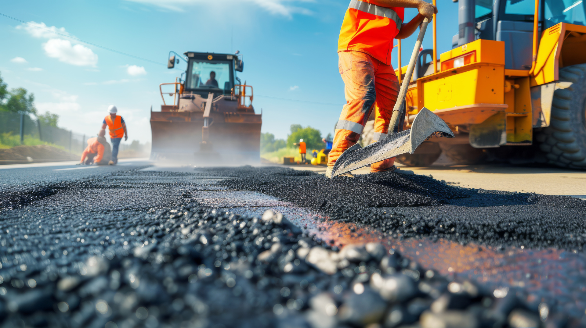Road construction workers' teamwork, tarmac laying works at a road construction site, hot asphalt gravel leveled by workers, and road surface repair..