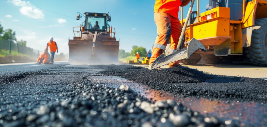 Road construction workers' teamwork, tarmac laying works at a road construction site, hot asphalt gravel leveled by workers, and road surface repair..