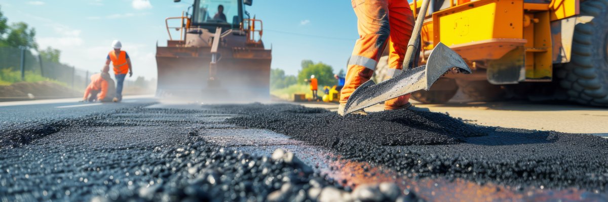 Road construction workers' teamwork, tarmac laying works at a road construction site, hot asphalt gravel leveled by workers, and road surface repair..
