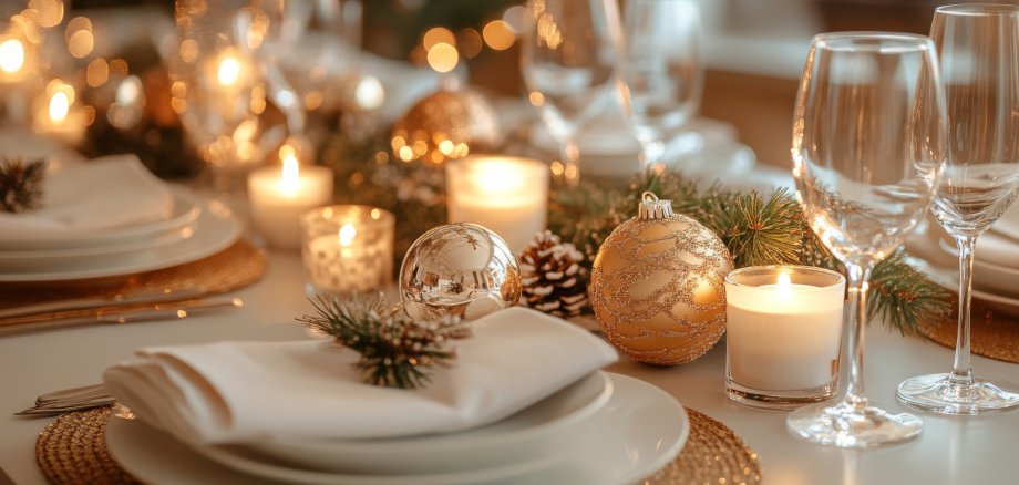 Table serving with plates, glasses, candles and christmas decoration for celebration dinner, festive interior decor for winter holiday Table serving with plates, glasses, candles and christmas decoration for celebration dinner, festive interior decor for winter holiday